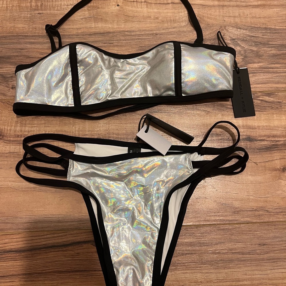 Kendall & Kylie Bikini Bandeau Cagey Silver Foil 2 PC Swimsuit Small